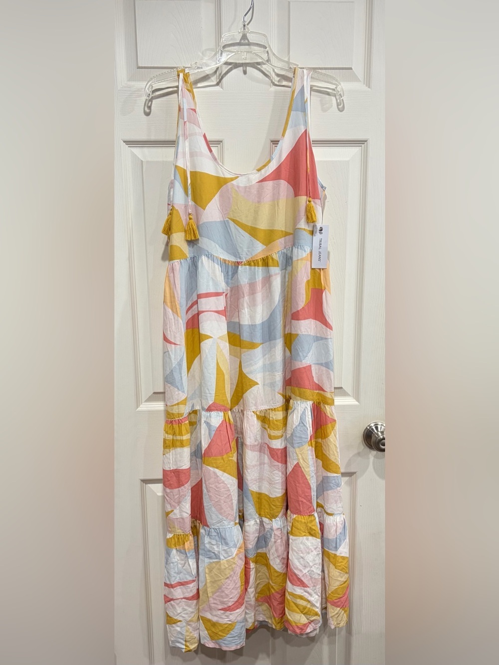 Tribal Women's Medium Tiered Tassel-Strap Maxi Dress Yellow Pattern Pockets NWT